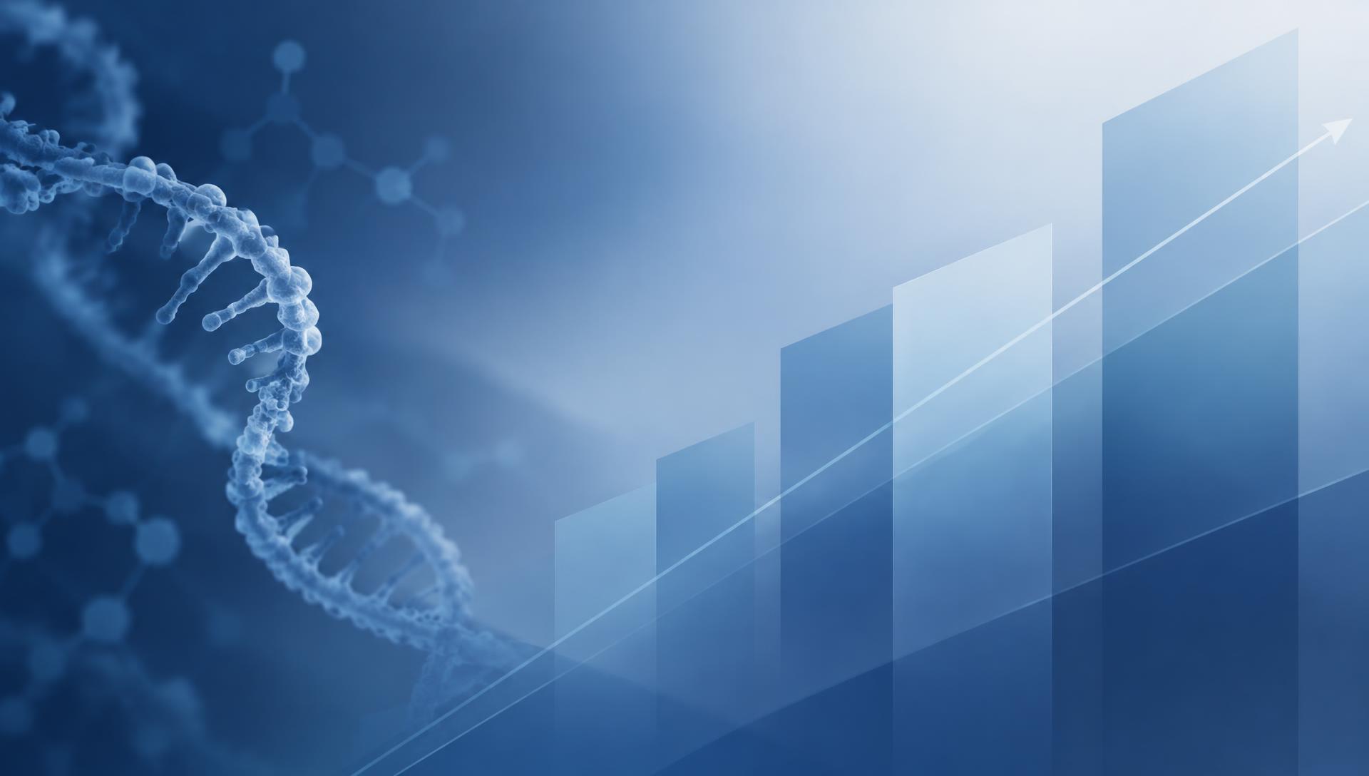 Abstract navy blue illustration of an RNA strand alongside ascending translucent bars