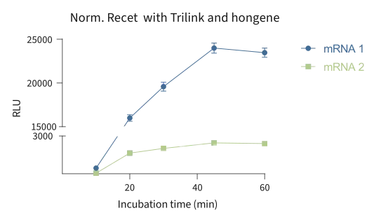 Figure 4 In vitro luciferase expression was performed using the ReCet HEK293 system with two distinct luciferase mRNAs having a different cap and nucleotide sequence. Samples were analysed in a 96-wel